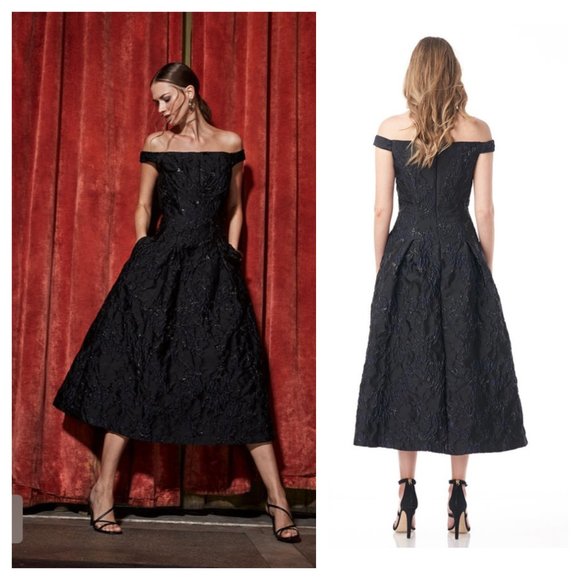 Sz 2 Kay Unger Carina Tea Length Formal Dress Navy Blue, Silver & Gold Metallic - Picture 3 of 16